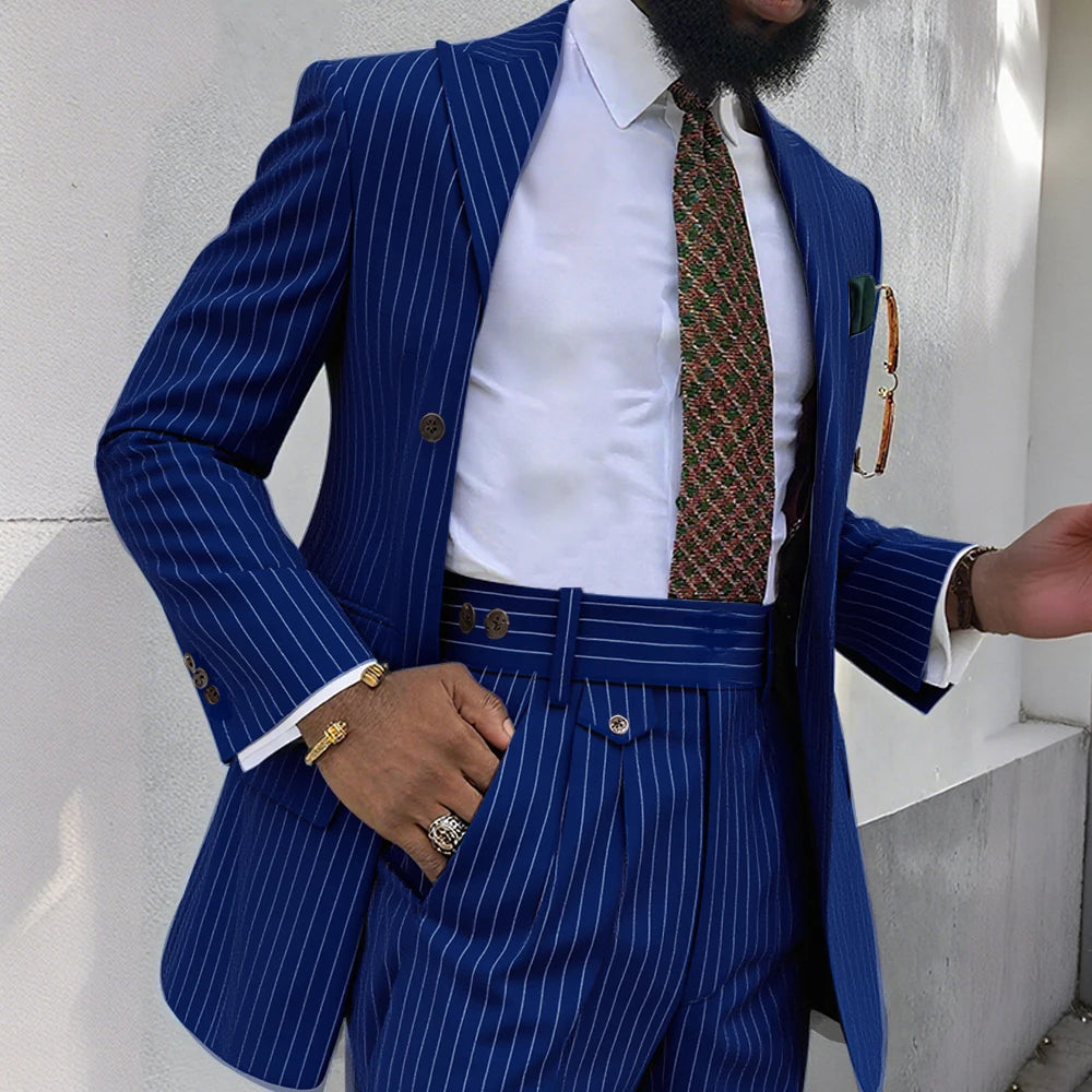 Brown Stripe Men Suits 2 Piece Chic Double Breasted Business Casual Outfits Fashion Peak Lapel Wedding Tuxedo (Jacket+Pants)