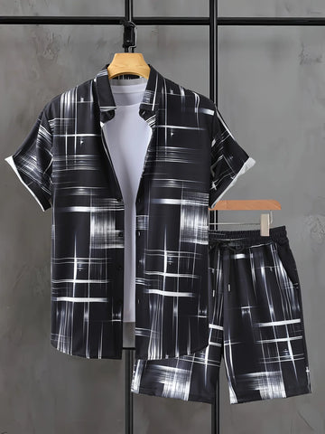 2pcs Fashion Men's Stylish Gradient Prints Shorts Shirt Set Drawstring Waist Summer Beachwear Casual Printed Asian Size