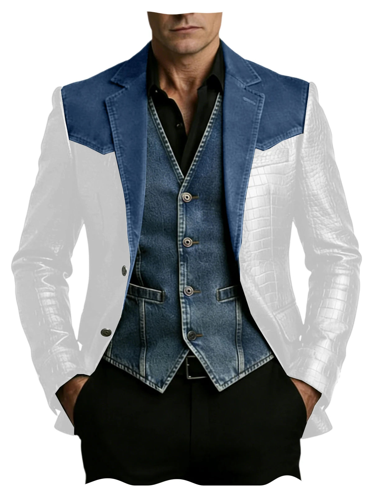 Men's Blazer Luxury Crocodile Embossed Leather Patchwork Denim Suit Jacket Notched Lapel Western Cowboy Party Casual Streetwear