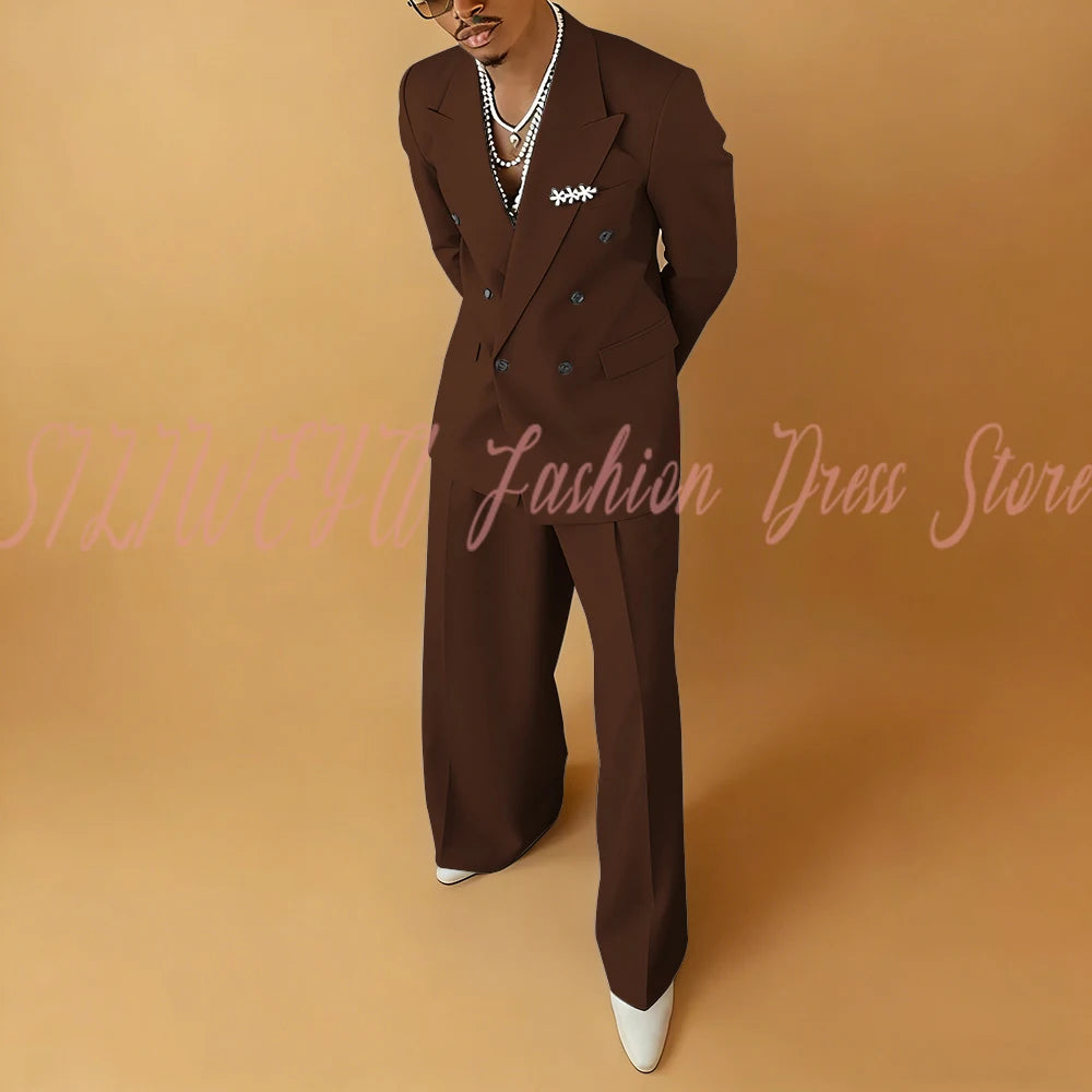 Double Breasted Men Solid Color Suit 2 Pieces Jacket Pants Business Casual Social Party Male Clothing Best Man Costumes Hommes