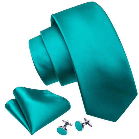 Turquesa sólida seda masculina amarra Hanky ​​Cufflinks Definir gravata de cetim lisa para eventos de negócios de casamento masculino Presente Barry.wang