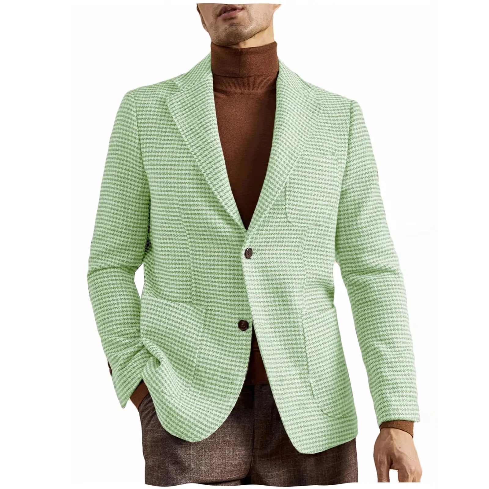 Men's Houndstooth Blazer Luxury Peak Lapel Slim Fit Wool Blend Suit Jacket For Classic Business Casual Fall Winter with Pockets