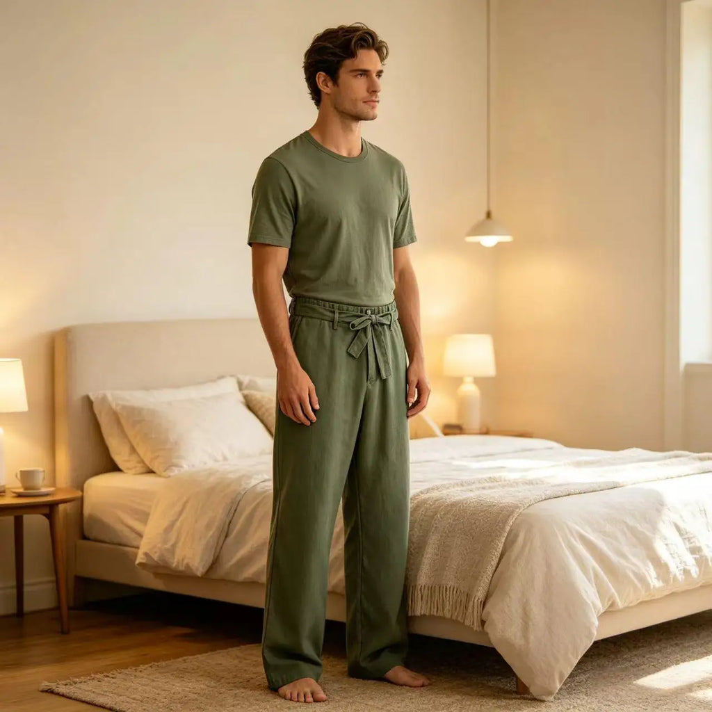 Vintage Men's Tie Waist Linen Blend Pants High Waist Wide Leg Casual Trousers Soft Breathable Lounge Pants for Men