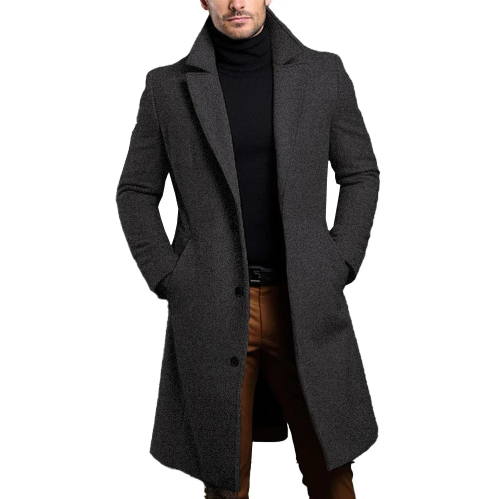 Fashion Men's Long Style Warm Wool Trench Coat Solid Color Single Breasted Luxury Wool Blends Overcoat Tops Coats Clothing