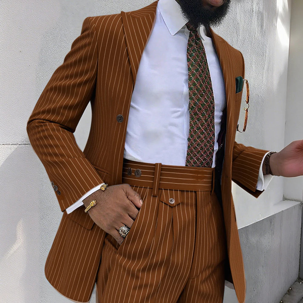 Brown Stripe Men Suits 2 Piece Chic Double Breasted Business Casual Outfits Fashion Peak Lapel Wedding Tuxedo (Jacket+Pants)