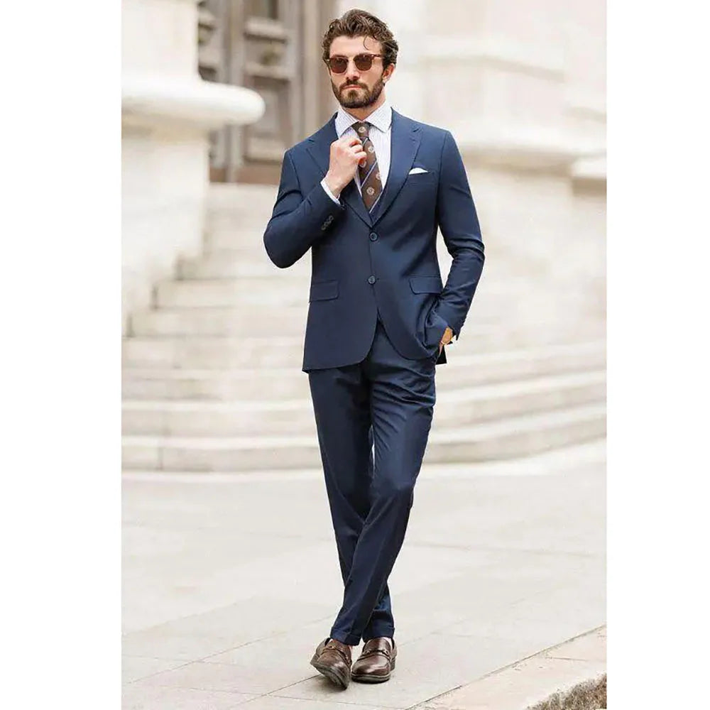 Luxury Navy Blue Men Suits High Quality Business Outfits 2 Piece Jacket Pants Single Breasted Notch Lapel Slim Fit Full Set 2024