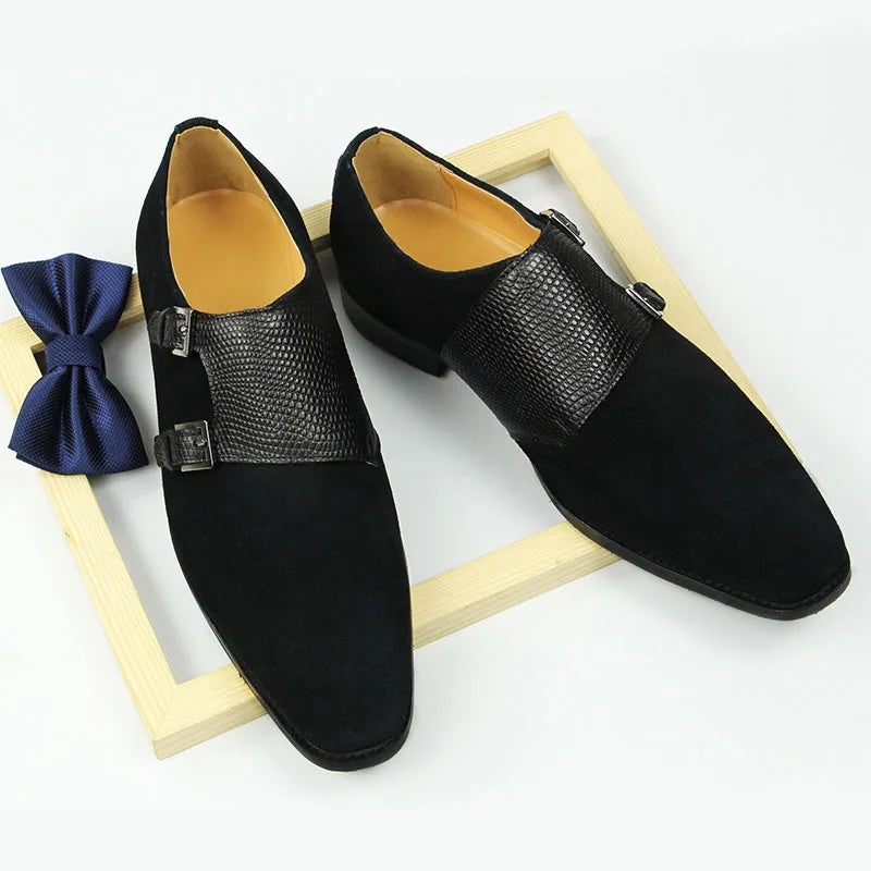 Black Elegant Cow Suede Monk Autumn Men Leather Shoes Single Fashion Classic Buckle Handmade Characteristic Adult Loafers