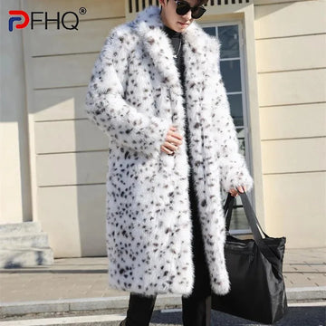 PFHQ Men's Imitation Fur Coat Long Sleeve Autumn Winter 2024 Korea Fashion Warm Leopard Print Contrast Color Male Tops 21Z7625