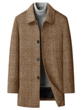 Men's Plaid Wool Blend Overcoat Turn Down Collar Mid Length Classic British Style Jacket For Business Casual