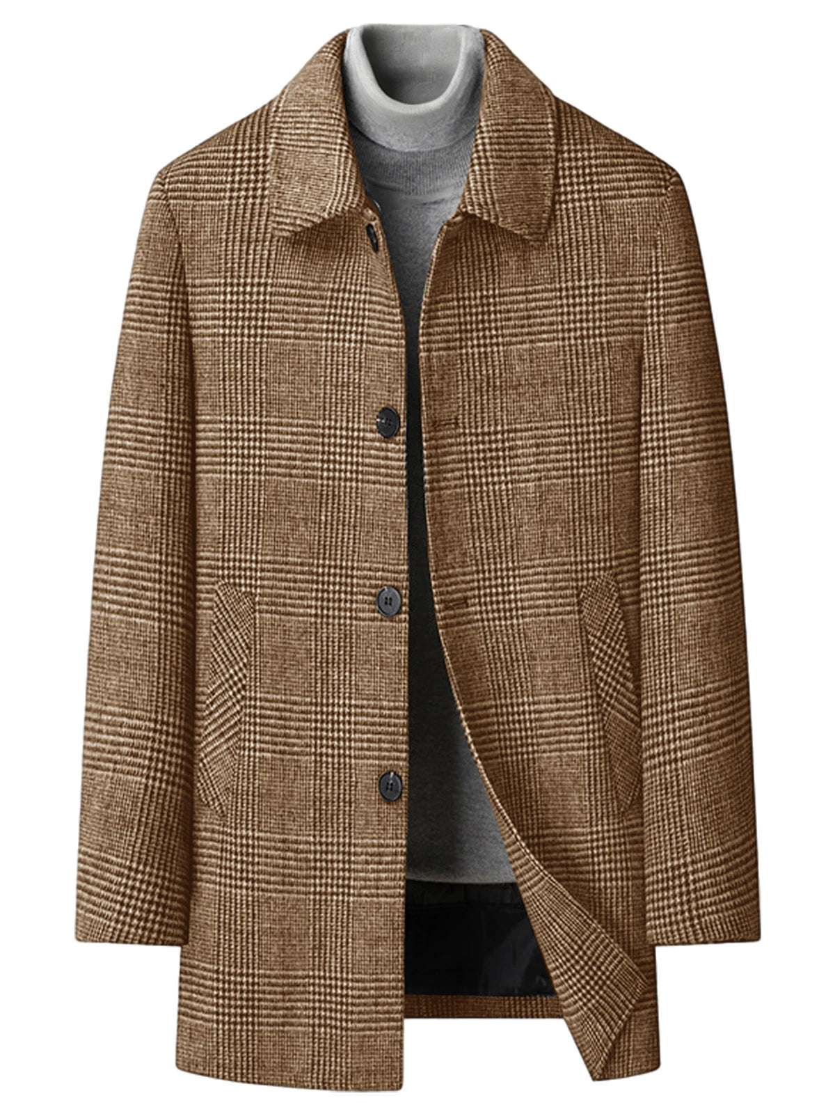 Men's Plaid Wool Blend Overcoat Turn Down Collar Mid Length Classic British Style Jacket For Business Casual