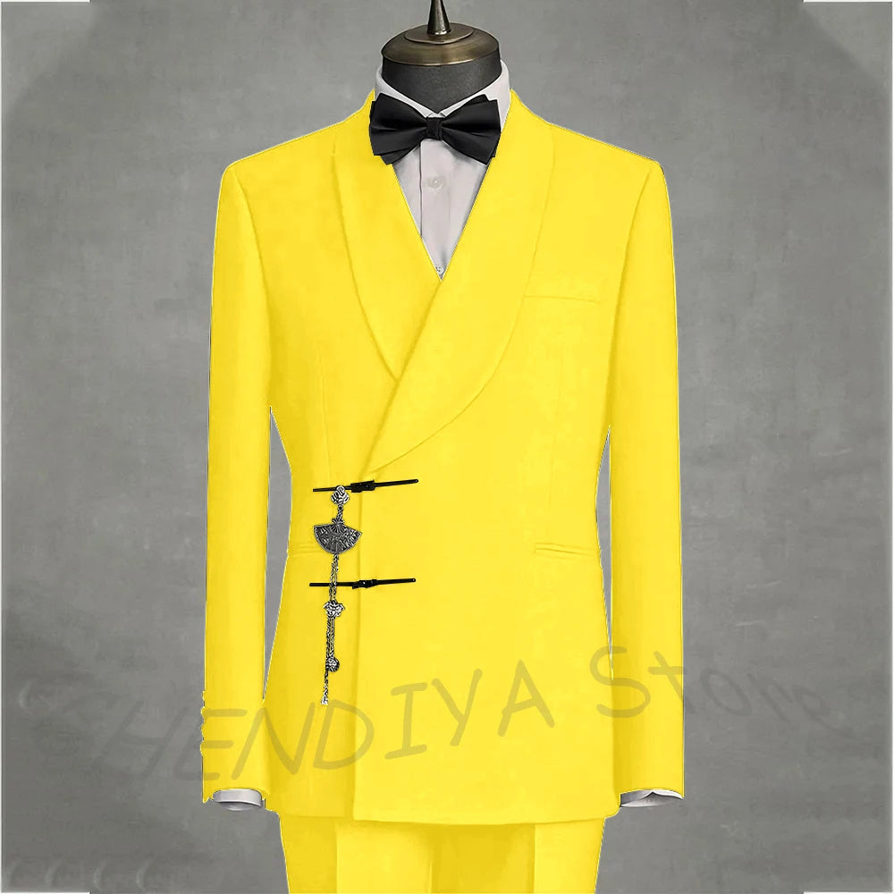 Solid Black Men's Suits Slim Fit Double Button Business Pants Suit Tailored Prom Party Wedding 2 Piece Jacket With Pants