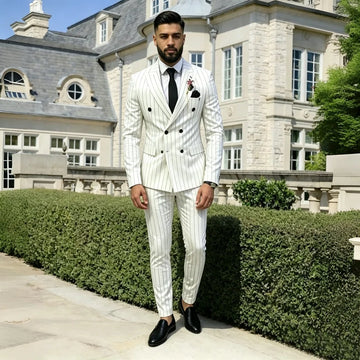 White Pinstripe Double Breasted Luxury Men Suit Set Separates 2 Pieces Jacket Pants For Wedding Groom Business Prom Custom Suit