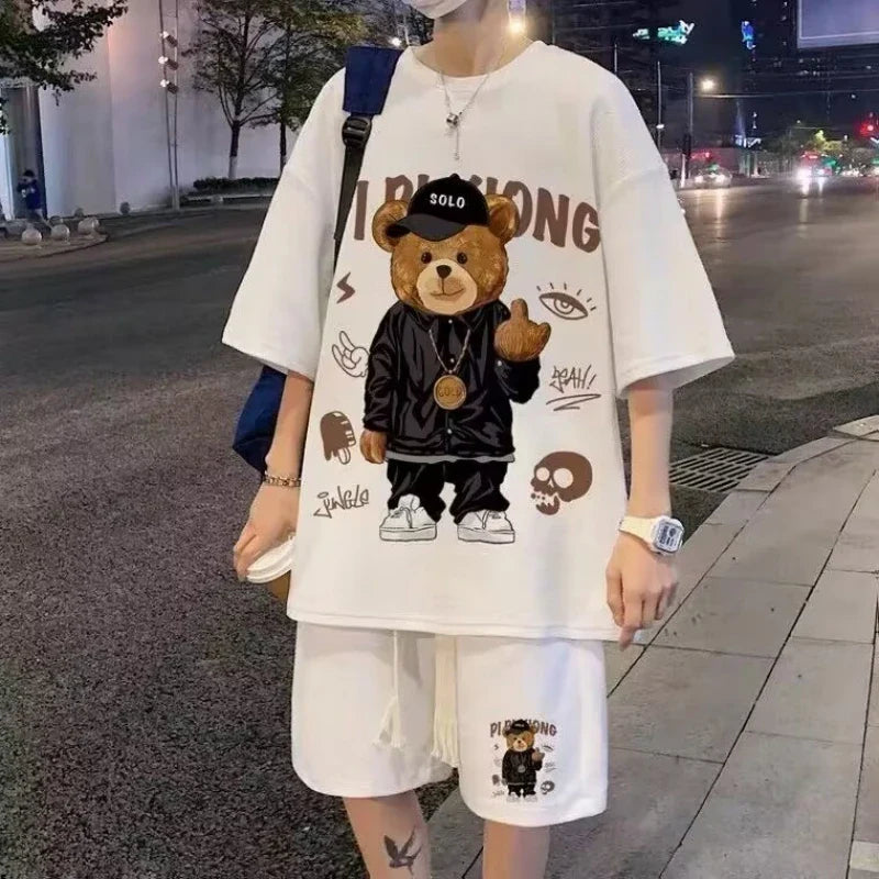 Little Bear Short sleeved Shorts Set M XXXL 5XL Men T Shirts Summer Cotton T-Shirts Breathable Loose Clothes Hip Hop Street Tees