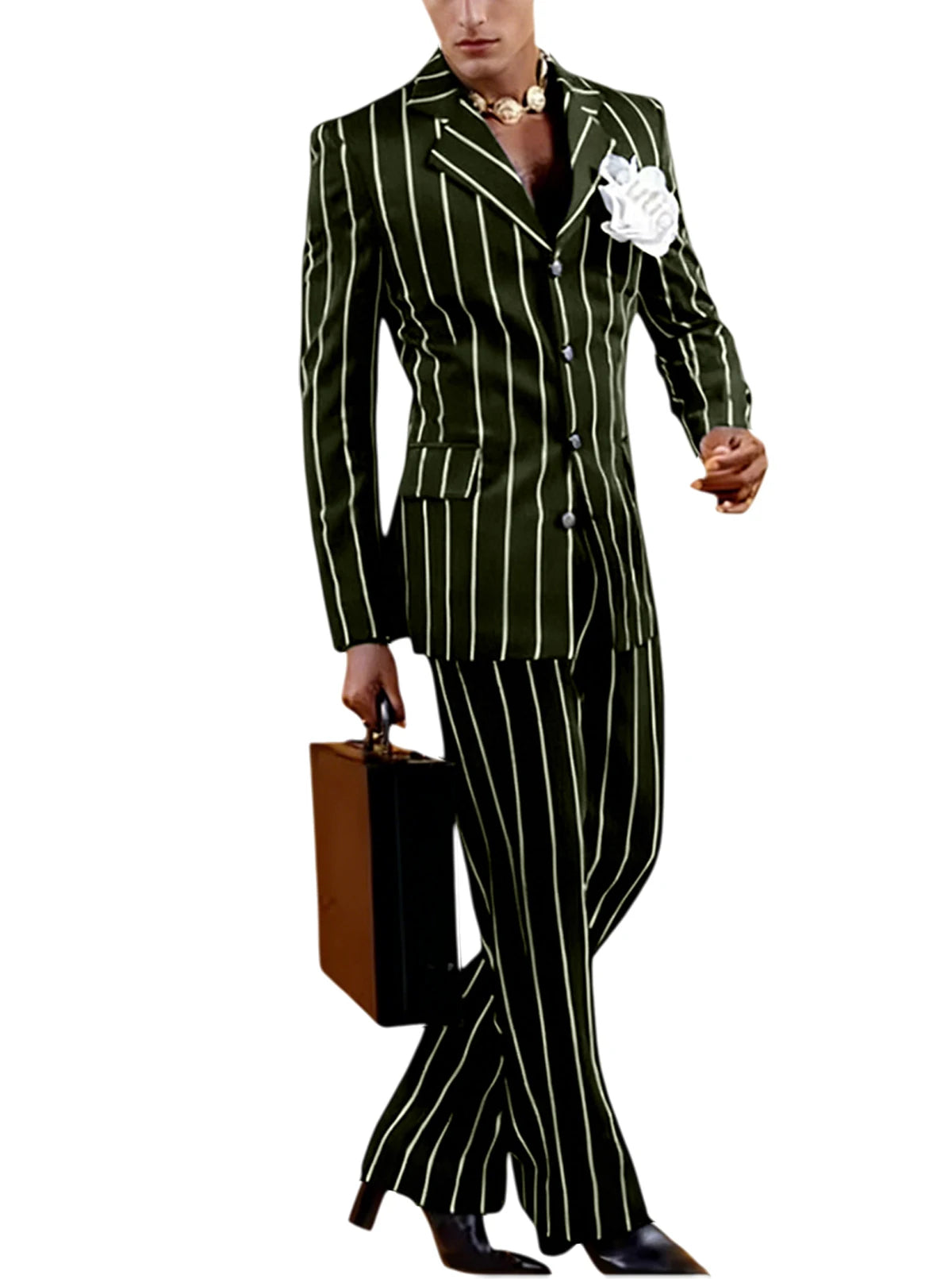 Men's Vintage Pinstripe 2 Piece Suit Set Double Breasted Peak Lapel Slim Fit Blazer Flared Pants Tuxedo For Wedding Prom