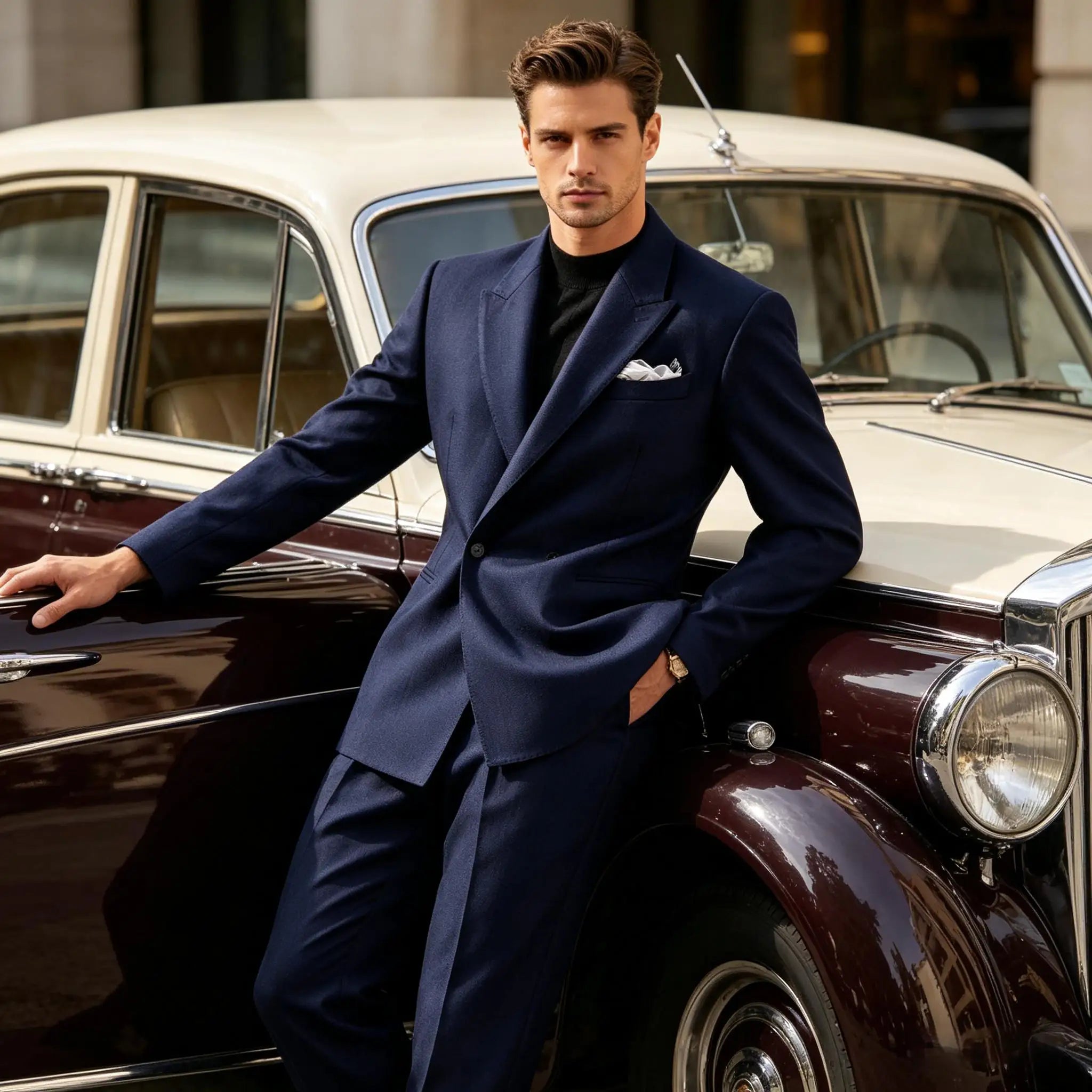 Men's Serge Suit Set Jacket Premium One Button Peak Lapel Slim Fit Tuxedo 2 Piece Blazer Pants Casual Business Wedding Formal