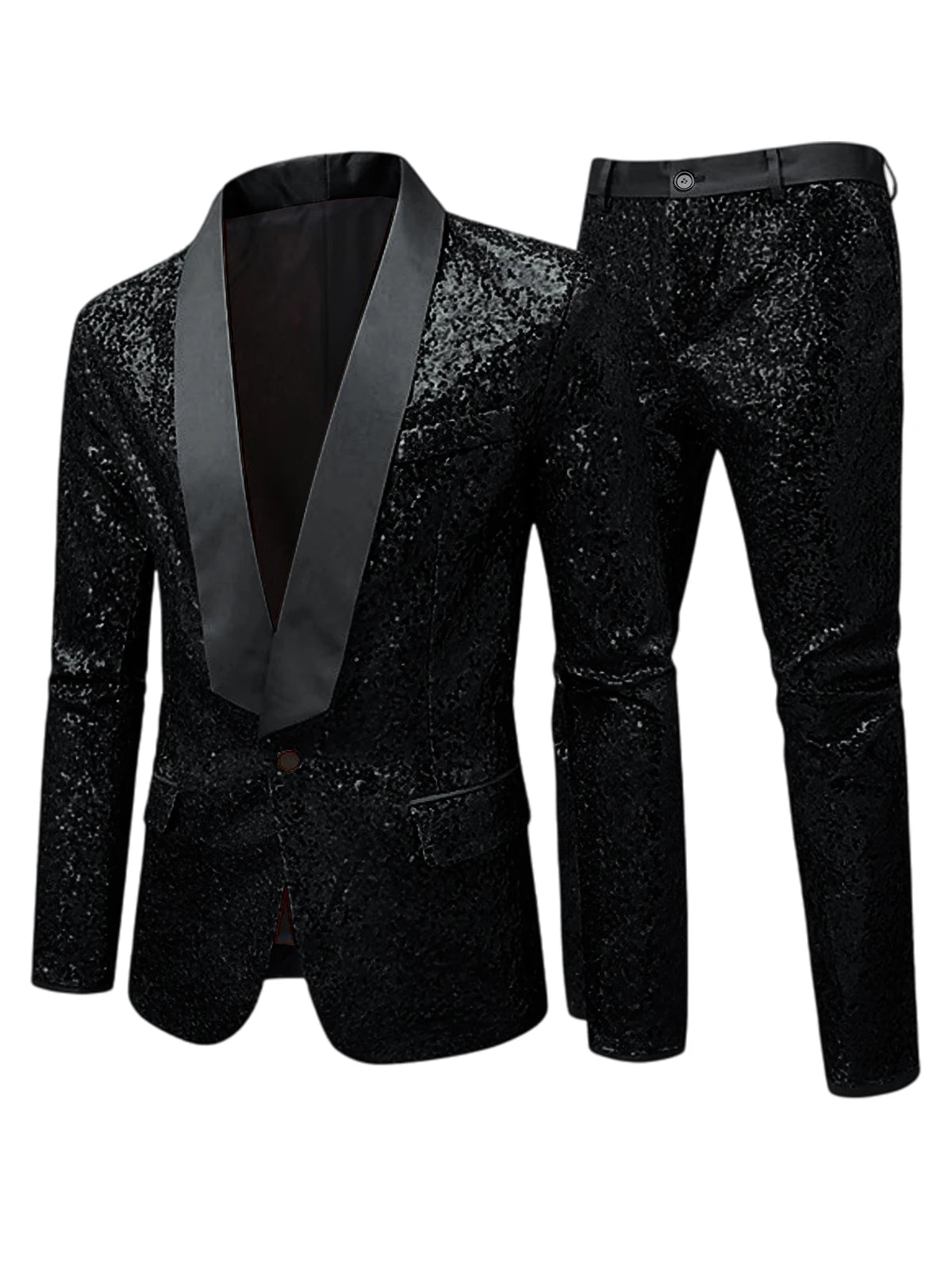 Men's Sequin Tuxedo Suit Set Shiny One Button Satin Patchwork Shawl Lapel Slim Fit 2 Piece Blazer Pants For Wedding Party Prom