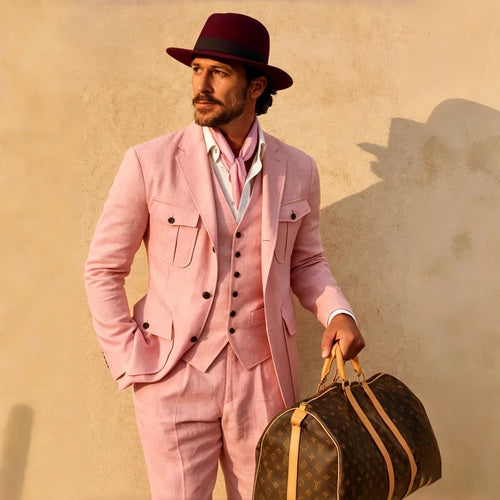 Beige Linen Safari Men Suits 3 Pieces Summer Men Suits Breathable Casual Formal Blazer Vest Pants Set for Male Daily Wear