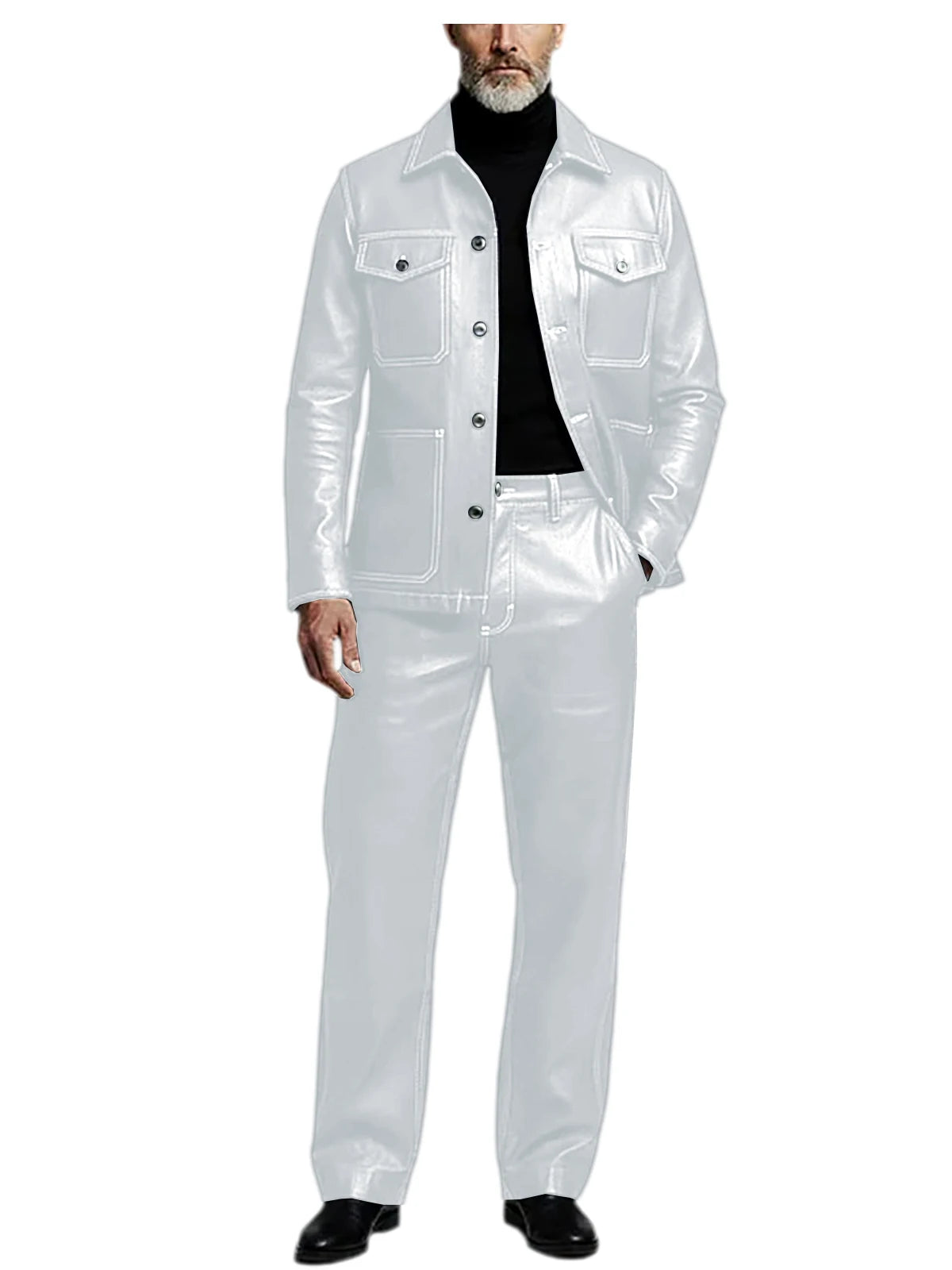 Men's 2 Piece PU Leather Suit Set Multi Pocket Shirt Collar Trucker Jacket Straight Leg Pants Business Casual Streetwear Outfits