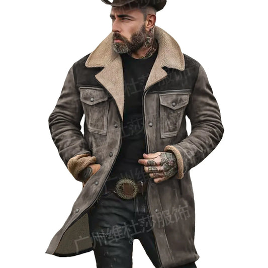 Autumn and Winter Mens Coat Suede Color Matching Jacket Multi-pocket Zipper Coat for Men