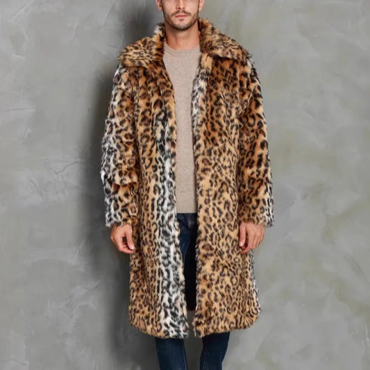 PFHQ Men's Imitation Fox Fur Warm Coat Leopard Print Jacket Contrast Color 2024 Long Sleeve Turn-down Collar Male Tops 21Z8039