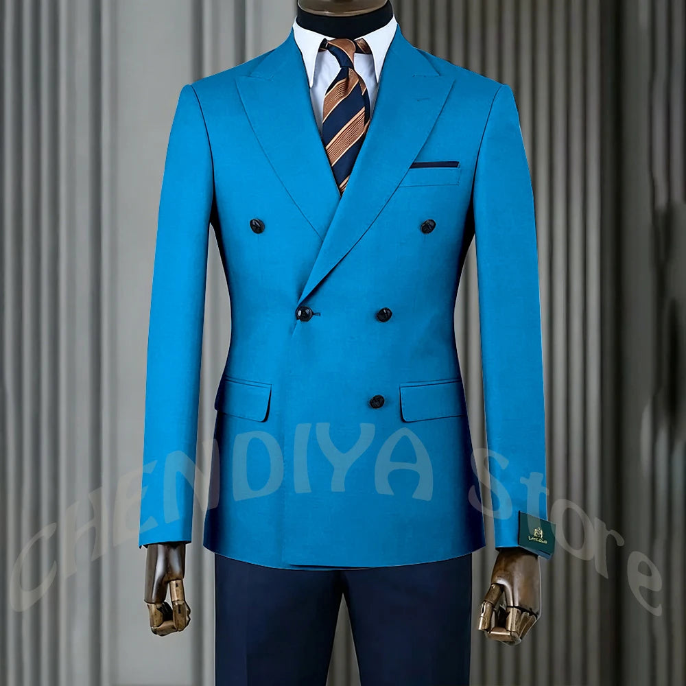 Stylish Men Suits Contrast Color Formal Blazer Male Clothing Double Breasted Business Casual Party Prom Jacket Pants Navy Blue