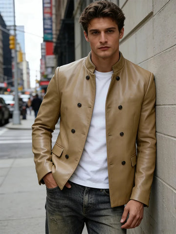 Men's Blazer Stand Collar Faux Leather Jacket High Quality Double Breasted Slim Fit Casual Coat For Business Office Outerwear