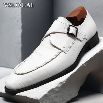 Luxury Men Leather Shoes White Black Crocodile Print Monk Strap Loafers Mens Dress Shoes Wedding Office Shoes For Men