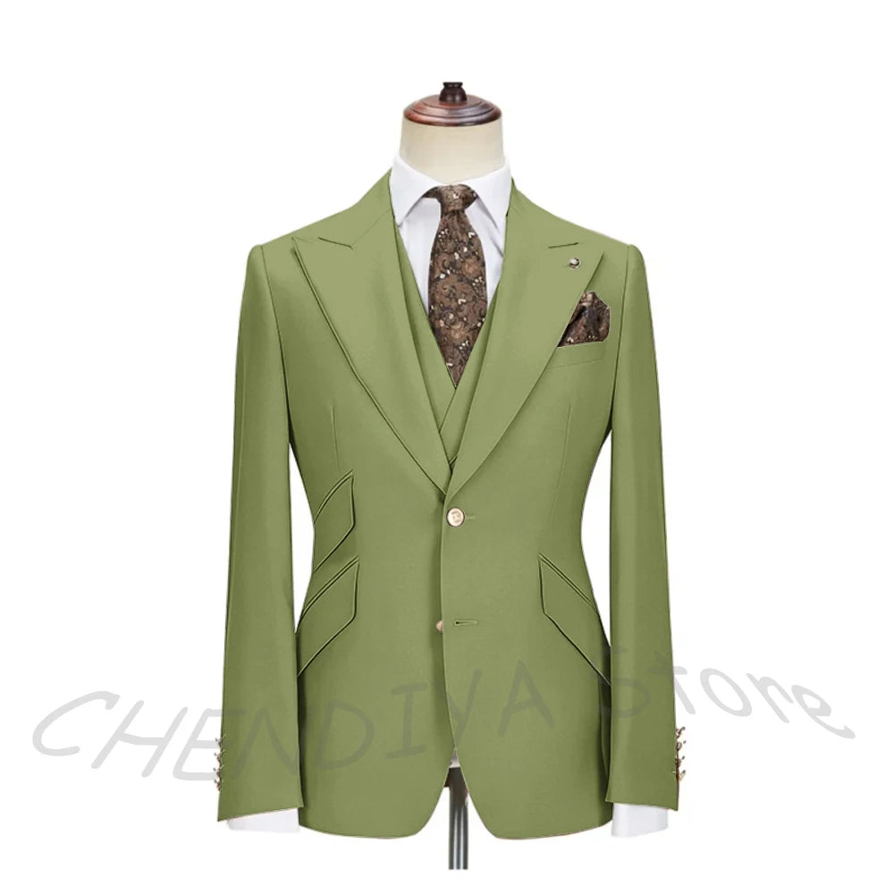 Solid Color Men's Suits 3 Piece (Blazer+Pants+Vest) Fashion Peak Lapel Single Breasted Prom Male  Business Casual Clothing