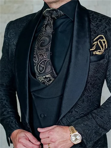 3PCSHot Selling Mannen Pakken Patroon En Zwarte Bruidegom Smoking Shawl Satin Revers Bruidsjonkers Wedding Beste Man Black Pants
