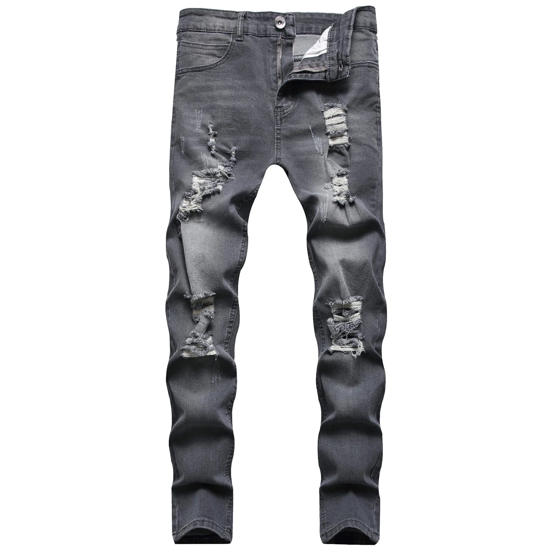 New European and American style men's black-gray hole grinding white slim jeans feet pants.