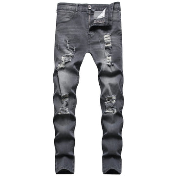 New European and American style men's black-gray hole grinding white slim jeans feet pants.