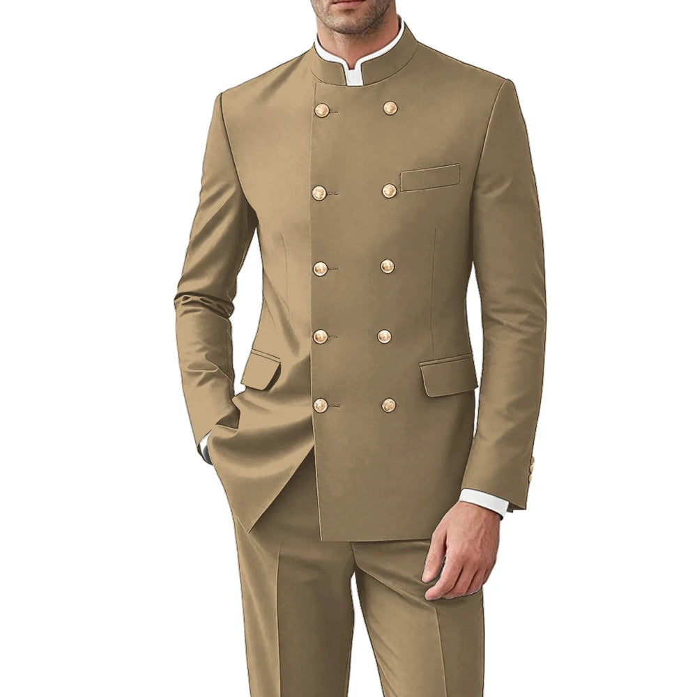 Solid Color Men Suits Formal 2 Pieces Double Breasted Stand Collar Balzer Pants Formal Party Business Wedding Set Customized