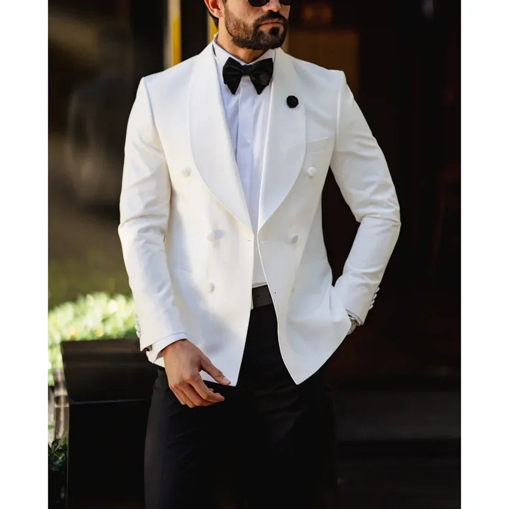 Elegant Shawl Lapel Double Breasted Suits for Men Two Piece (Blazer+Pants) Wedding Groom Tuxedo Slim Banquet Party Male Suit