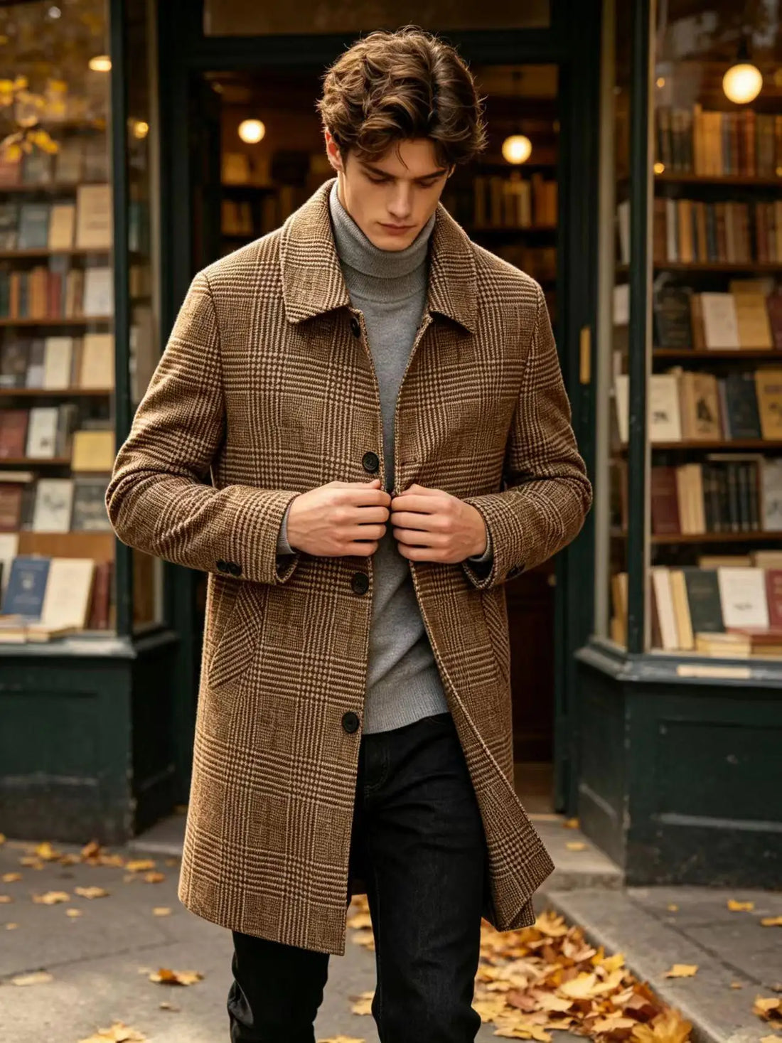 Men's Plaid Wool Blend Overcoat Turn Down Collar Mid Length Classic British Style Jacket For Business Casual