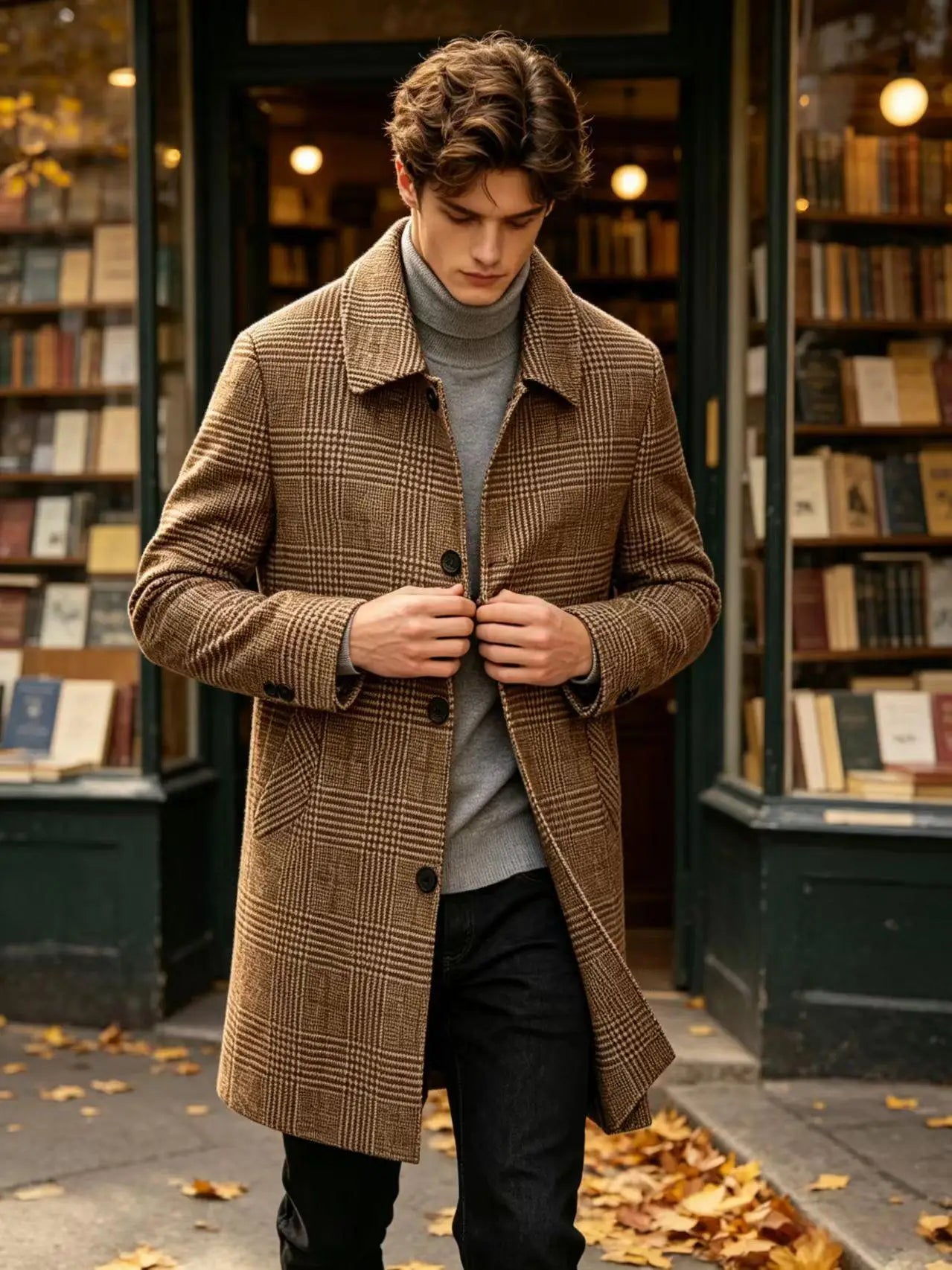 Men's Plaid Wool Blend Overcoat Turn Down Collar Mid Length Classic British Style Jacket For Business Casual