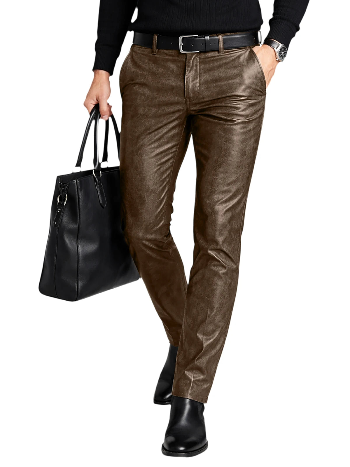 Men's Faux Leather Straight Leg Pants Slim Fit Business Casual Trousers Streetwear For Daily Office Travel