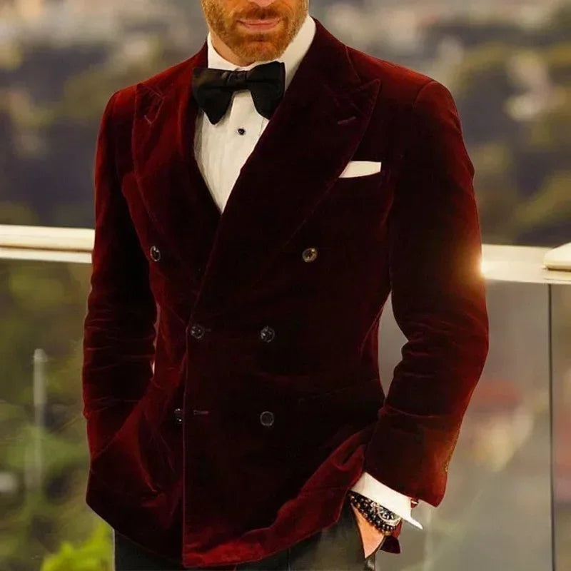 Velvet Smoking Jacket For Men Double Breasted Burgundy Suit Blazer Slim Fit Prom Party 1 Piece Groom Fashion Coat 2025