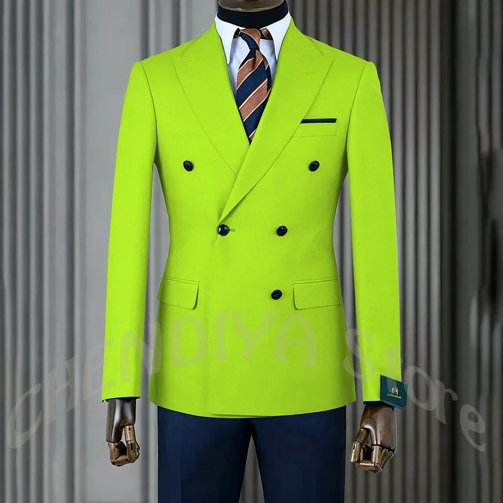 Stylish Men Suits Contrast Color Formal Blazer Male Clothing Double Breasted Business Casual Party Prom Jacket Pants Navy Blue