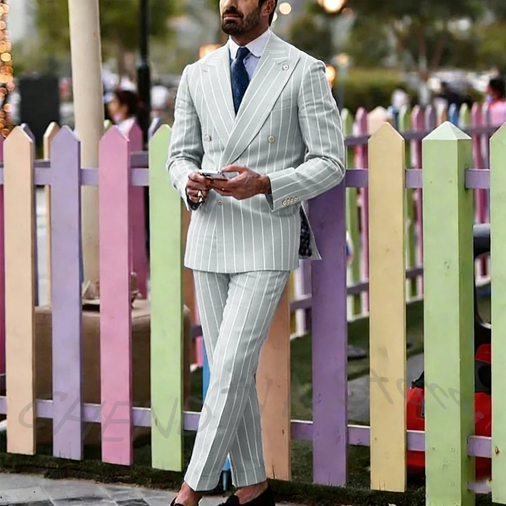 Light Purple Striped Men Suit England Style Peaked Lapel Double Breasted Classic Male Clothing Wedding Groom Tuxedo Custom Set