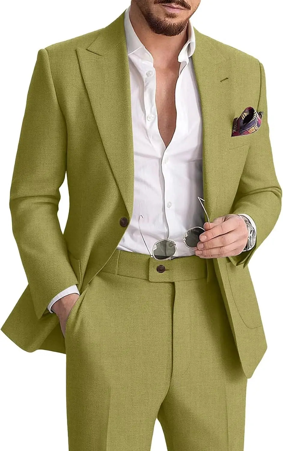 Mens Linen Suit 2 Piece Casual Suits for Men Summer Beach Groom Wedding Suit Linen Blazer Pants Set