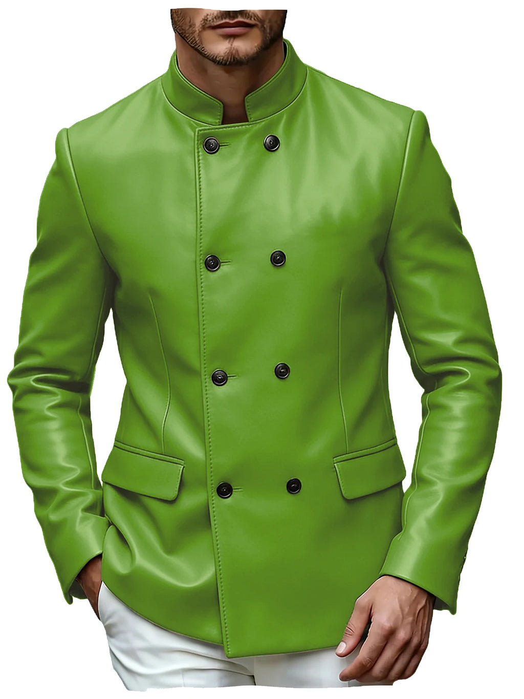 Men's Blazer Stand Collar Faux Leather Jacket High Quality Double Breasted Slim Fit Casual Coat For Business Office Outerwear