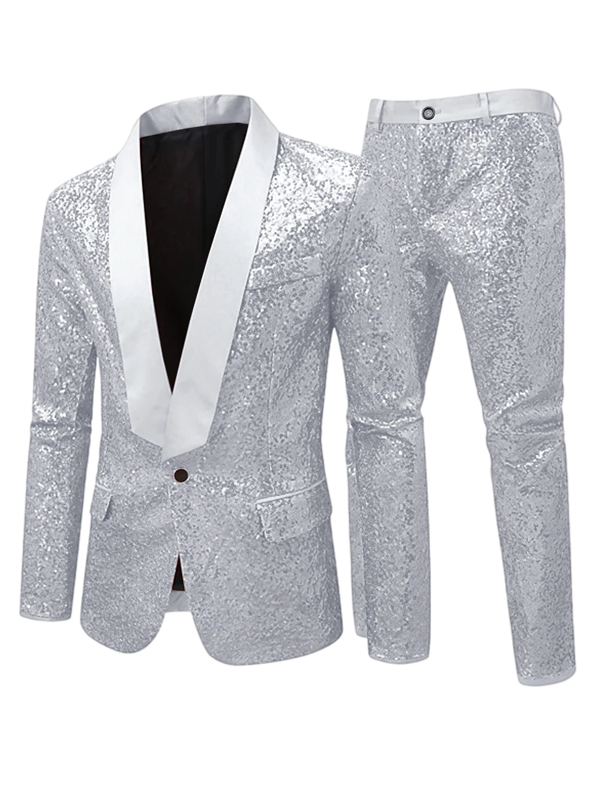 Men's Sequin Tuxedo Suit Set Shiny One Button Satin Patchwork Shawl Lapel Slim Fit 2 Piece Blazer Pants For Wedding Party Prom