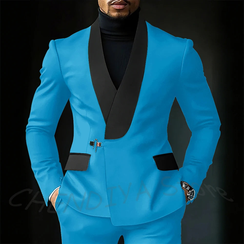 Contrast Color Men's Suit Set 2 Piece Elegant Shawl Lapel Slim Fit Formal Outfit Business Casual Jacket Pants Customized