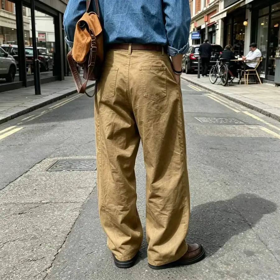 Men's Wide Leg Pants Casual Loose Fit Chino Trousers Vintage Streetwear Baggy Trousers for Daily Wear