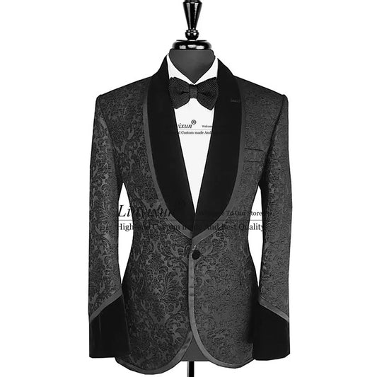 Floral Jacquard Tuxedos Men Suits For Wedding Prom Groom 2 Pieces Sets Bridegroom Prom Blazers Slim Fit Male Costume Homme