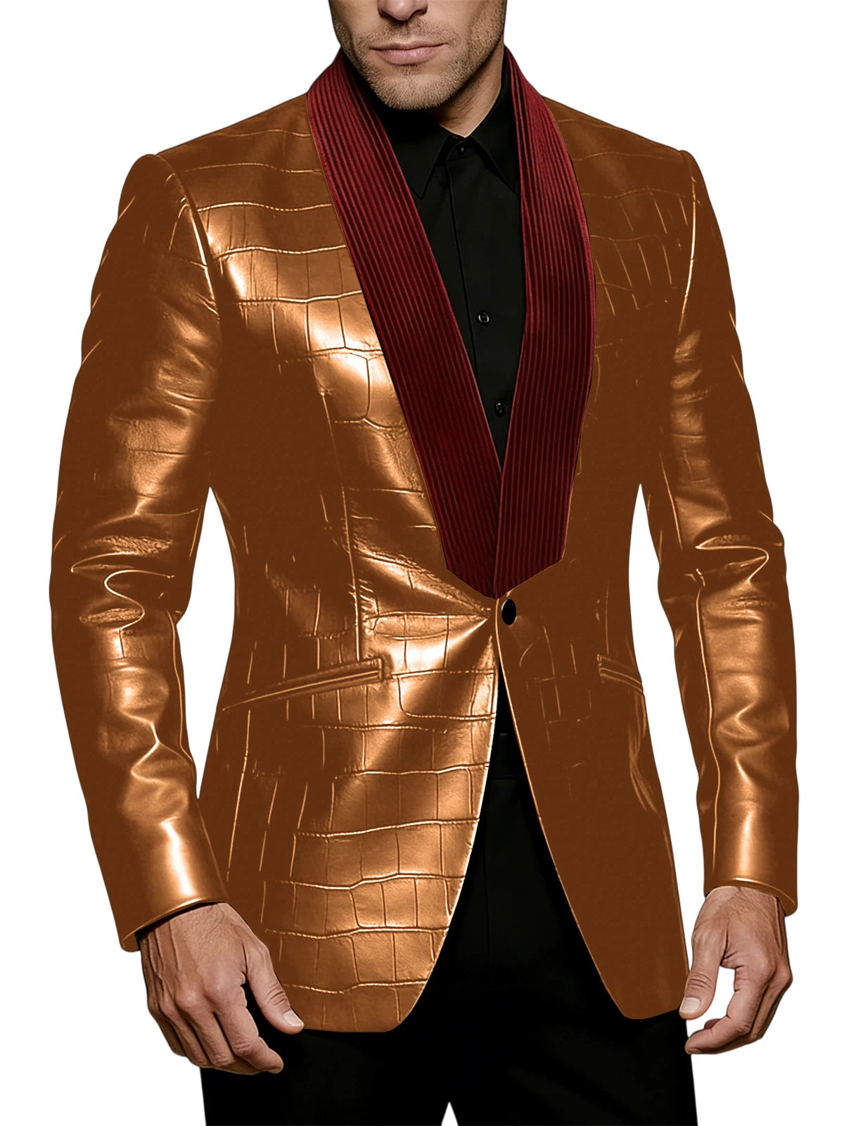 Men's Crocodile Pattern Leather Blazer Corduroy Patchwork 1 Button Shawl Collar Suit Jacket Slim Fit Business Formal Outerwear