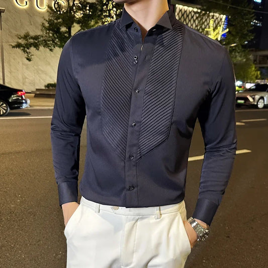 Long-sleeved Tuxedo Shirts for Men Wedding Banquet Prom Wear Autumn Spring Slim Fit Business Social Mens Dress Shirt Plus Size