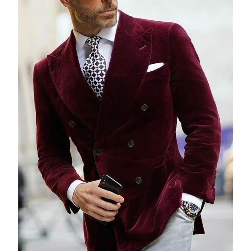 Velvet Blazer For Men Double Breasted Burgundy Smoking Jacket Elegant Dinner Party Suit Coat 1 PC 2025