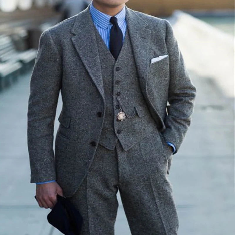 Luxury Wool Men Suits 3 Piece Gray Tweed Wedding Groom Tuxedo With Notched Lapel Fashion Smart Casual Party Male Suit 2024