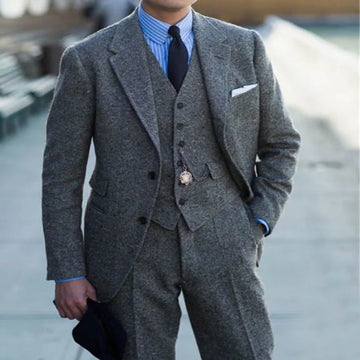 Luxury Wool Men Suits 3 Piece Gray Tweed Wedding Groom Tuxedo With Notched Lapel Fashion Smart Casual Party Male Suit 2024